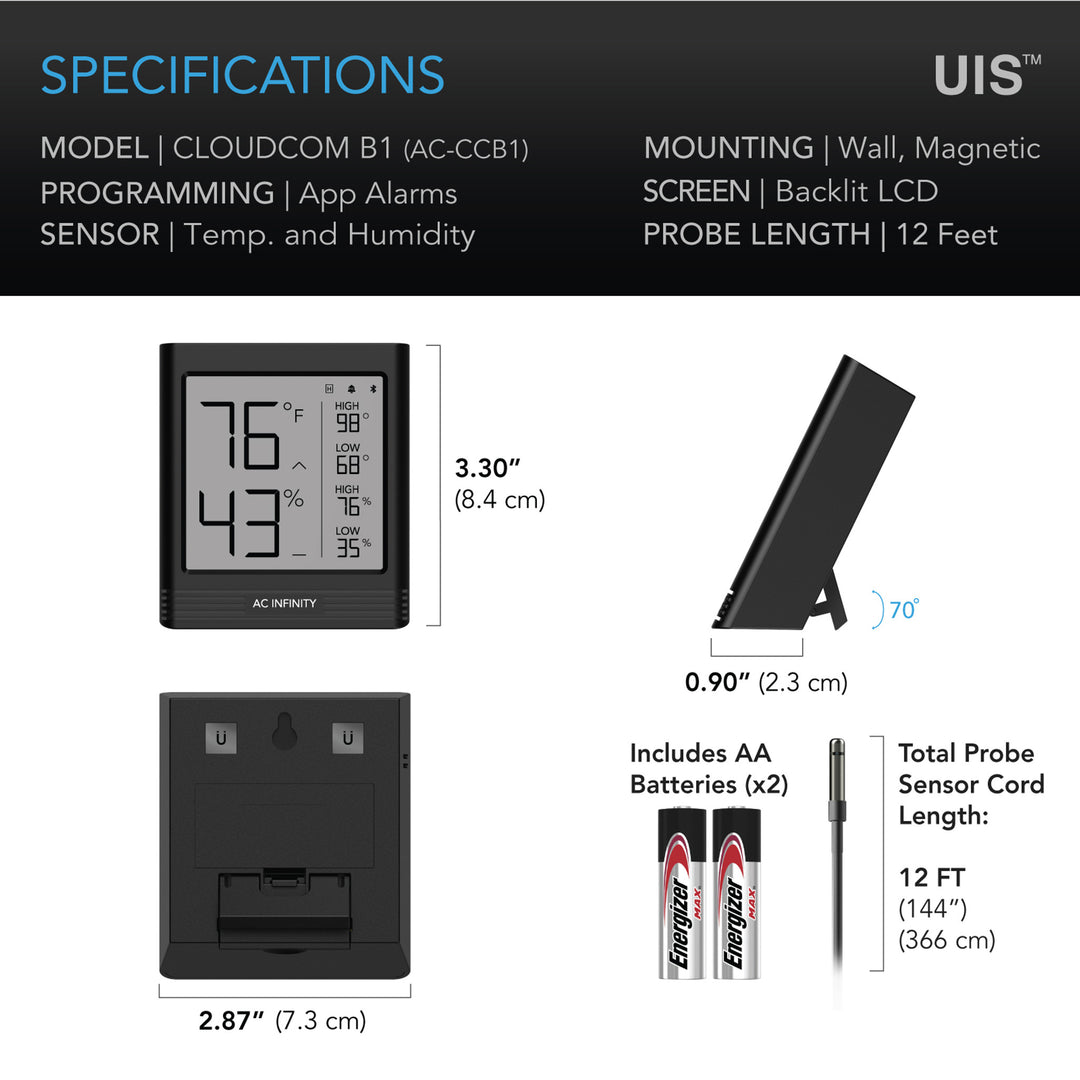 AC Infinity CLOUDCOM B1 Smart Thermo-Hygrometer w/ Data App 12&