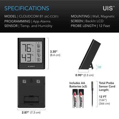 AC Infinity CLOUDCOM B1 Smart Thermo-Hygrometer w/ Data App 12' Sensor