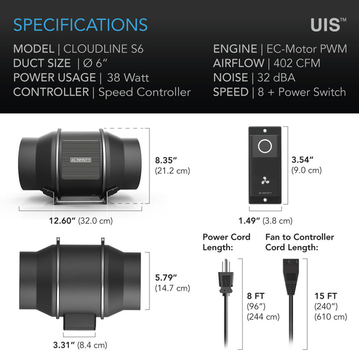 AC Infinity - S-Series CLOUDLINE Quiet Inline Duct System Fan + Speed Controller