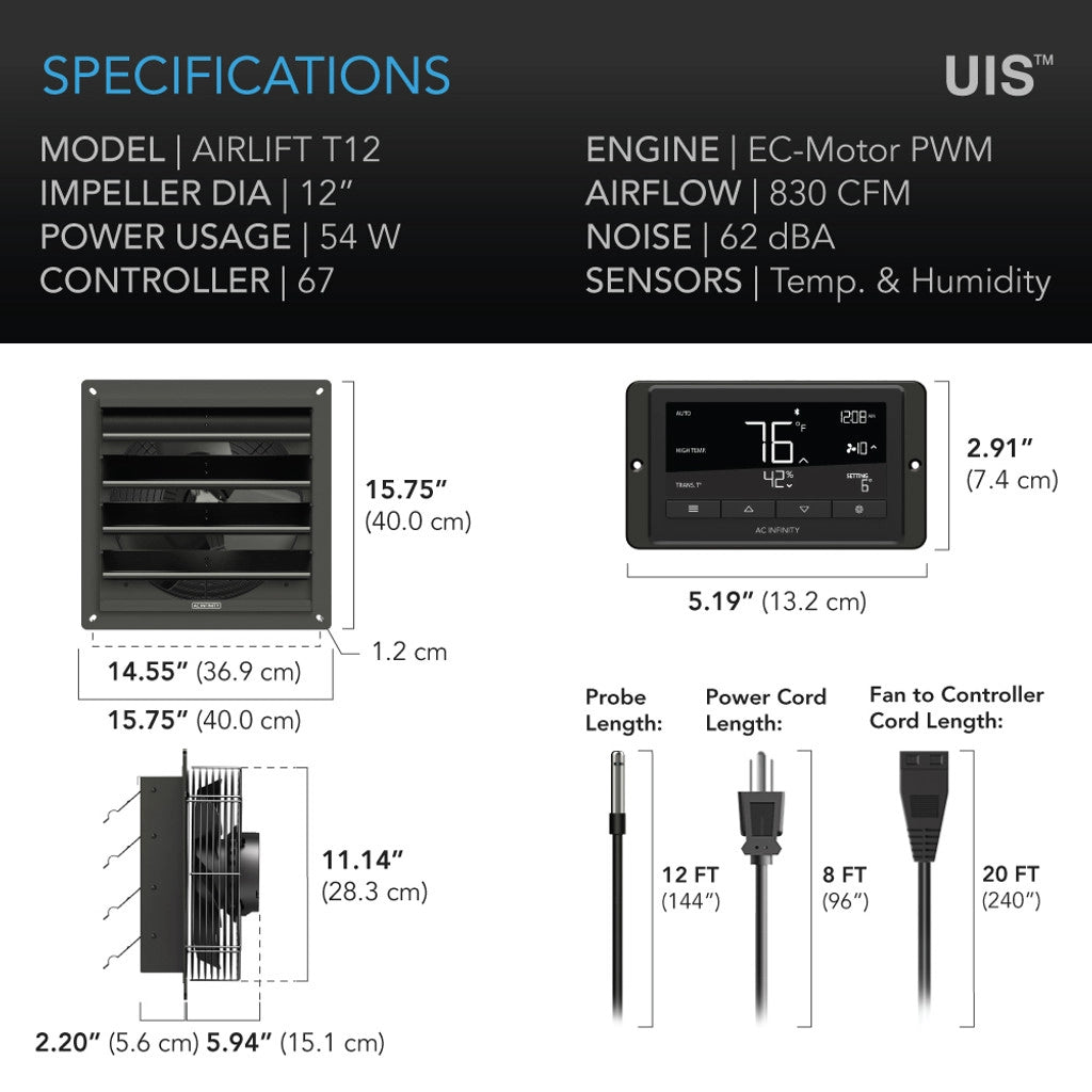 AC Infinity - AIRLIFT Shutter Exhaust Ventilation Fan + Temp &amp; Humidity