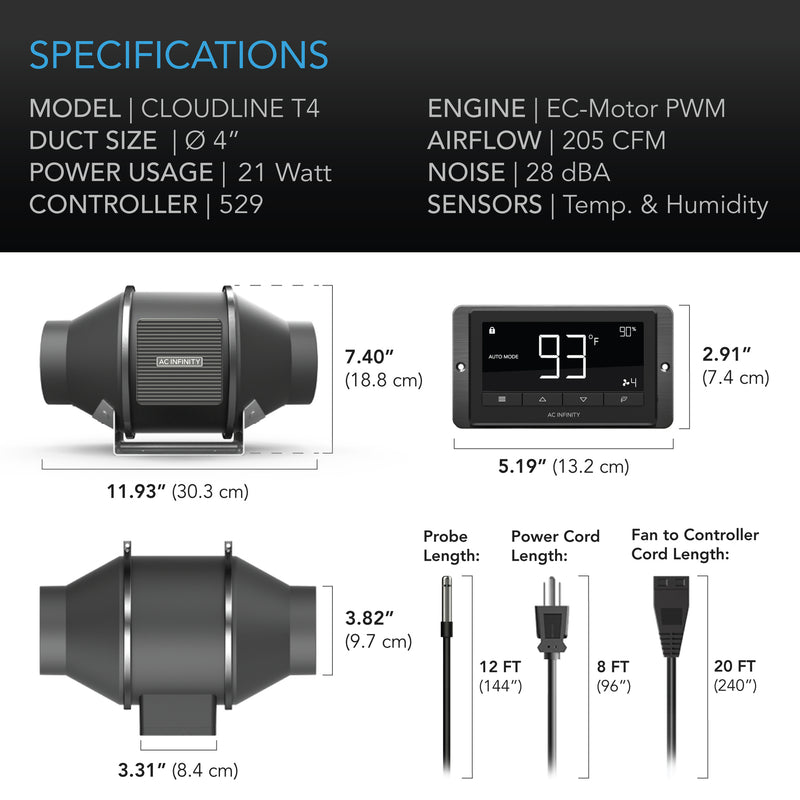 AC Infinity - T-Series CLOUDLINE , Quiet Inline Duct Fan System With Temperature And Humidity 67 Controller
