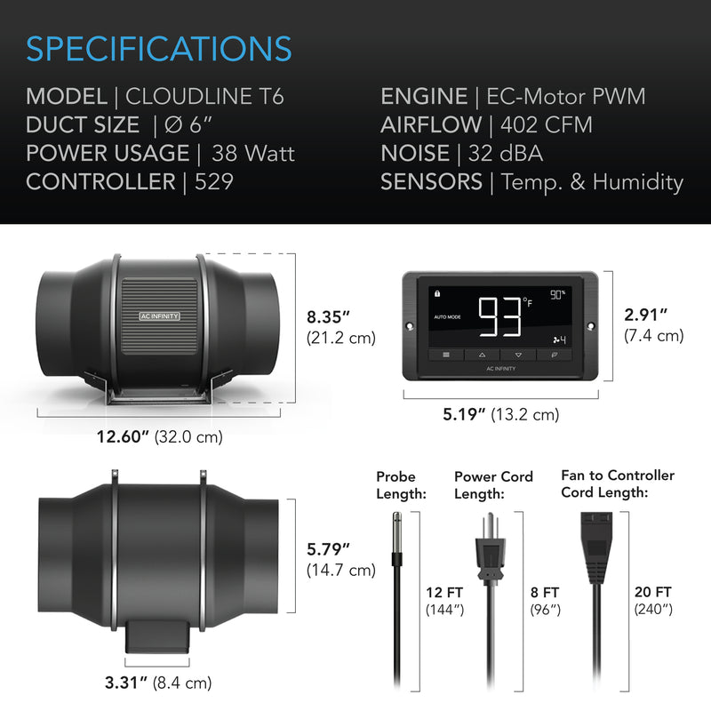 AC Infinity - T-Series CLOUDLINE , Quiet Inline Duct Fan System With Temperature And Humidity 67 Controller