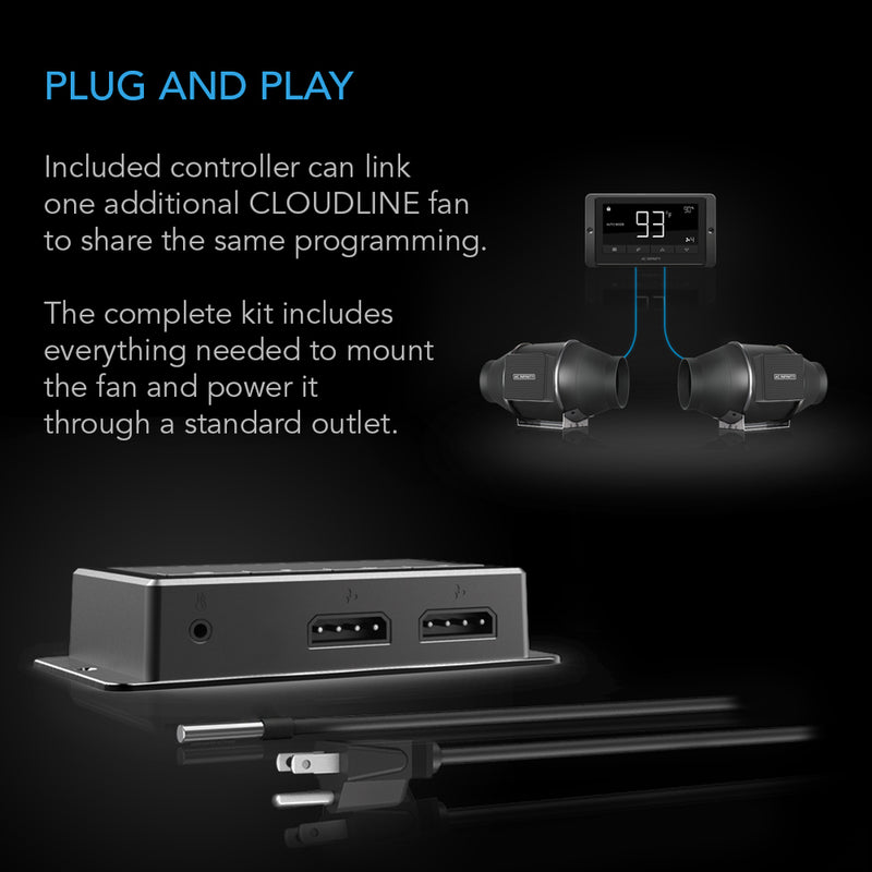 AC Infinity - T-Series CLOUDLINE , Quiet Inline Duct Fan System With Temperature And Humidity 67 Controller